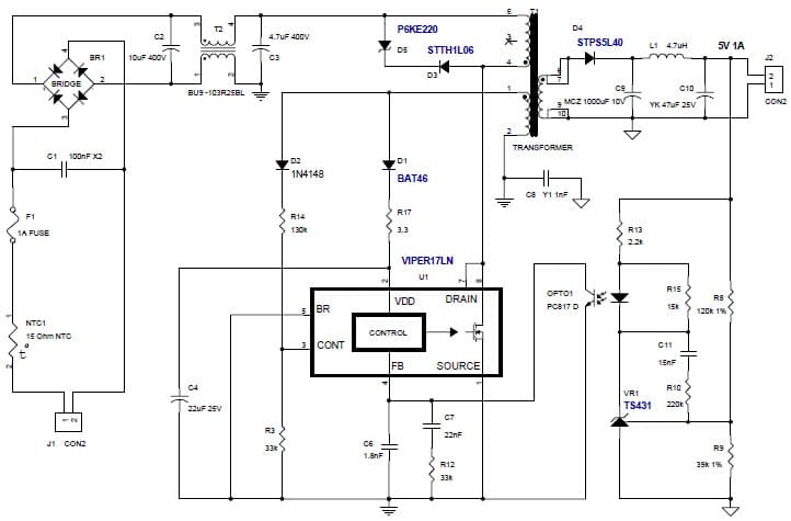 VIPER17L demonstration board with wide-range input, 5 V / 1 A output and optimized standby performance