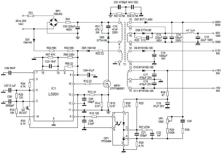 90W, -15V, 6.3V, 15V, 80V, 200V AC to DC Multi-Output Power Supply for LCD Monitor