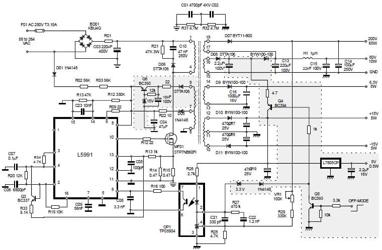 90W, -15V, 6.3V, 15V, 80V, 200V AC to DC Multi-Output Power Supply for LCD Monitor