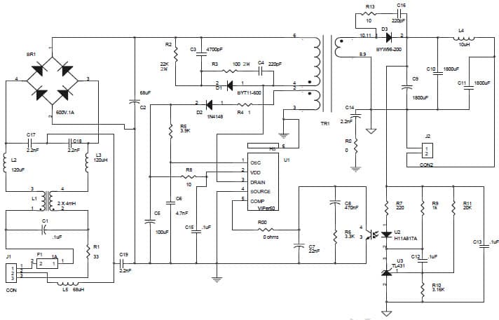 VIPer50 Demo Board EMI APPLICATION, 34W, 18V AC to DC Single Output Power Supply