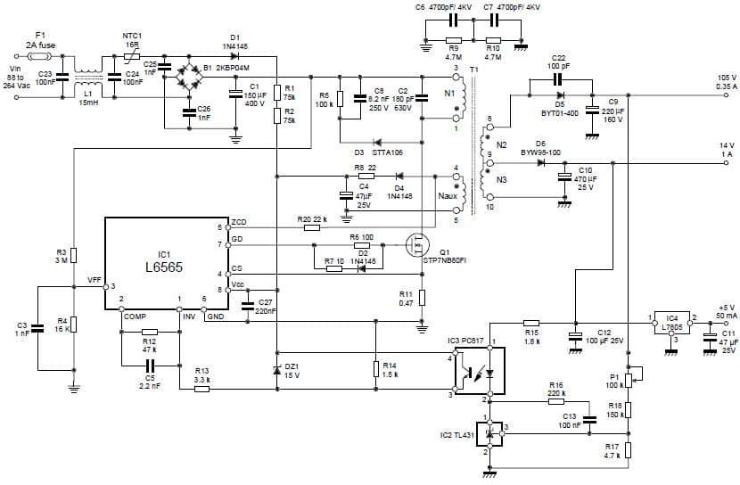 51W, 5V, 14V, 105V AC to DC Multi-Output Power Supply for LCD TV