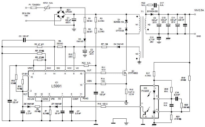 45W, 18V AC to DC Single Output Power Supply