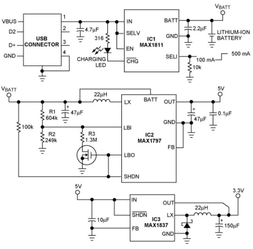 3.3, 5V, 1-Cell, Lithium-Ion Battery Charger for Portable