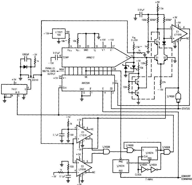 Circuit shows the discrete Pre-Amplifier used in a very fast 12-bit SAR converter