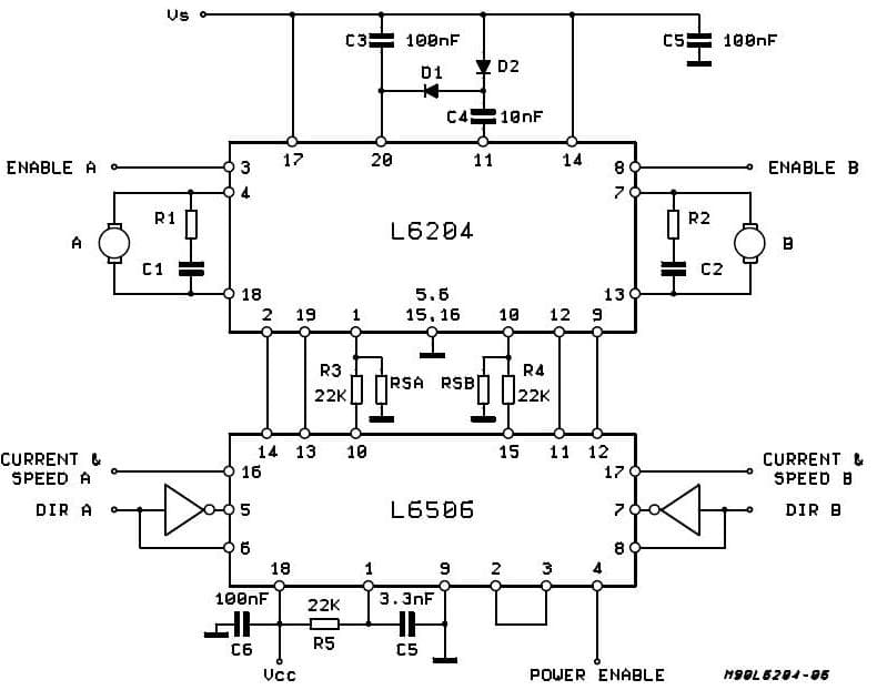 Bi-Directional DC Motor Driver Application Circuit Using L6204 to drive 2-Motors