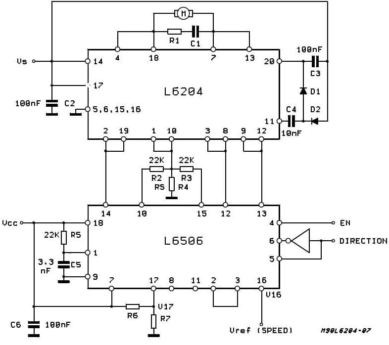 Bi-Directional DC Motor Driver Application Circuit Using L6204 to drive the Motor in a Paralleled Configuration