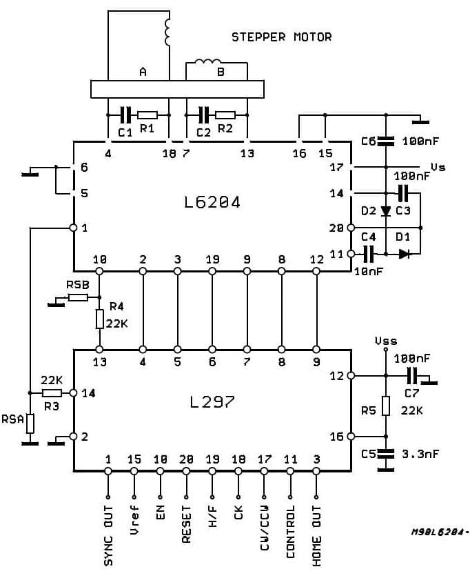 Bipolar Stepping Motor Driver Application Circuit Using L297 Stepper Motor Controller for phase sequence generation and current peak control