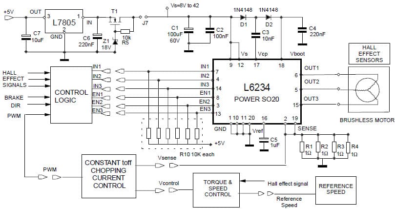 L6234 DMOS Triple Half-Bridge Driver with input Supply Voltage up 52V and Output Current of 5A driving 3-Phase Motor