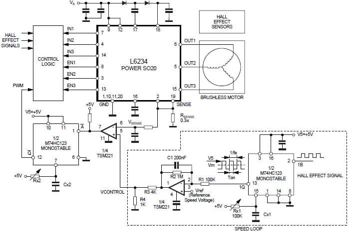 Complete 3-Phase Brushless Motor Application Circuit with Speed and Torque Control