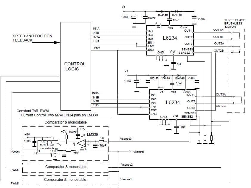 L6234 DMOS Triple Half-Bridge Driver with input Supply Voltage up 52V and Output Current of 5A driving 6x6 3-Phase Brushless Motor