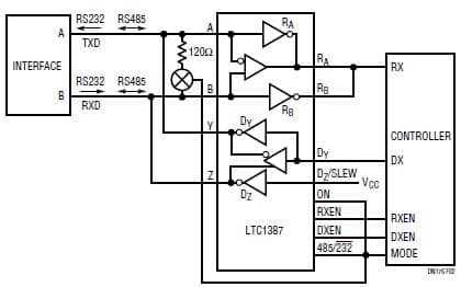 5V RS232/RS485 Multiprotocol Transceiver Reference Design Using LTC1387