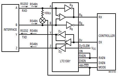 5V RS232/RS485 Multiprotocol Transceiver Reference Design Using LTC1387