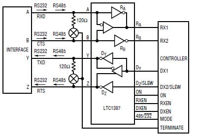 5V RS232/RS485 Multiprotocol Transceiver Reference Design Using LTC1387