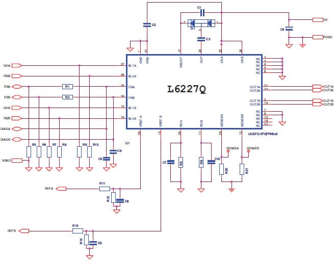 EVAL6227QR, Demonstration Board using a dual full-bridge L6227Q for motor control applications