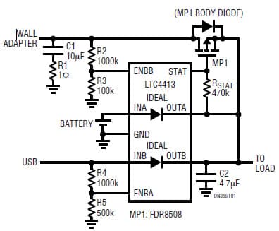 LTC4413, Automatic Switchover from a Battery to a USB Supply or Wall Adapter