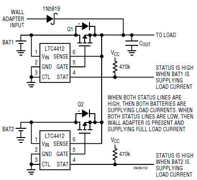 LTC4412, Dual Battery Load Sharing With Automatic Switchover of Power from Batteries to Wall Adapter