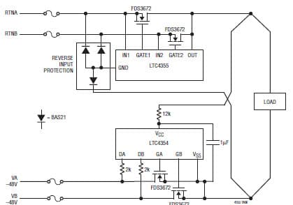 LTC4355 and LTC4354 Combining the Inputs and Returns In a -48V, 5A Dual Feed Application