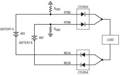 Circuit shows Correct Power Supply Connections for LTC4355 and LTC4354