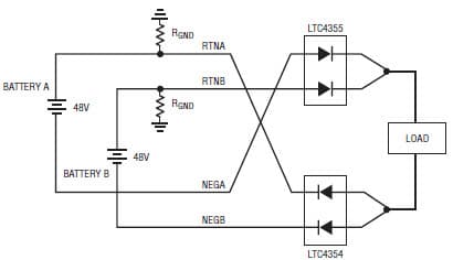 Circuit shows Reversed Input Connection for LTC4355 and LTC4354