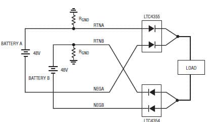 Circuit Shows BATTERY B Installed Incorrectly for LTC4354 and LTC4355