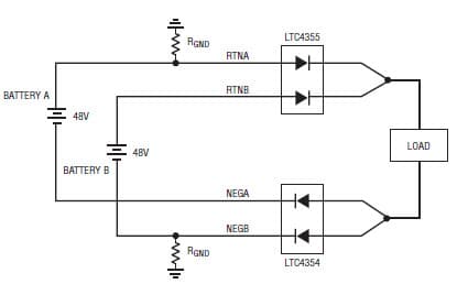 Circuit Shows the Safety Ground, RGND, Mistakenly Connected to NEGB Instead of RTNB for LTC4355 and LTC4354