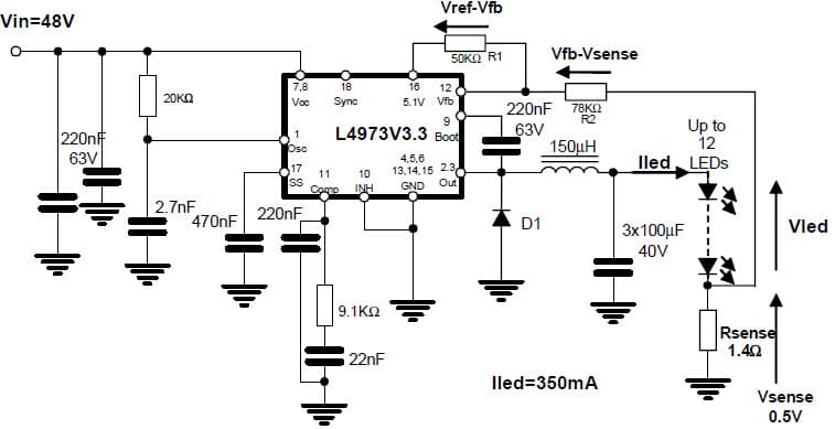 Application Circuit for L4973D driving up to 12 high current white LEDs