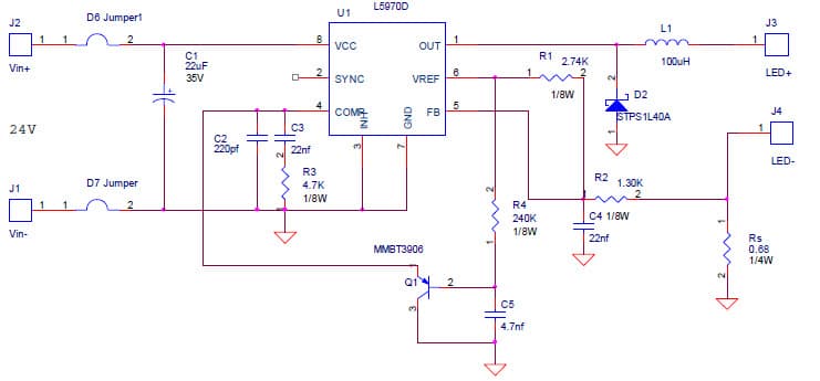 High Intensity Application Circuit Using the L5970D/L5973D 6 to 24 VDC Input 1W LED Driver