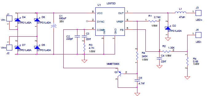 High Intensity Application Circuit Using the L5970D/L5973D 12 VAC Input 1W LED Driver