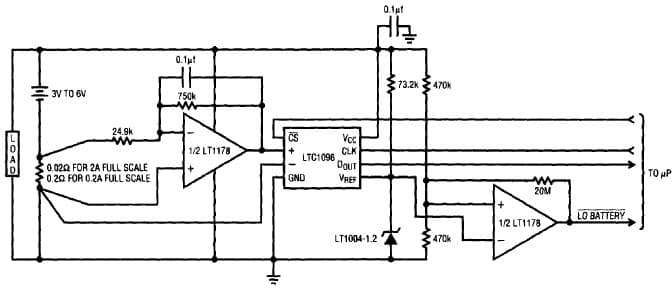 LTC1096, 0 to 2A Battery Current monitor draws only 70uA from a 3V to 6V Battery