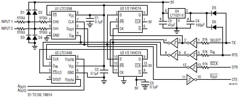 LTC1298, Micro-power ADC and LTC1446 DAC in SO-8 Give PCs a 12-Bit Analog Interface