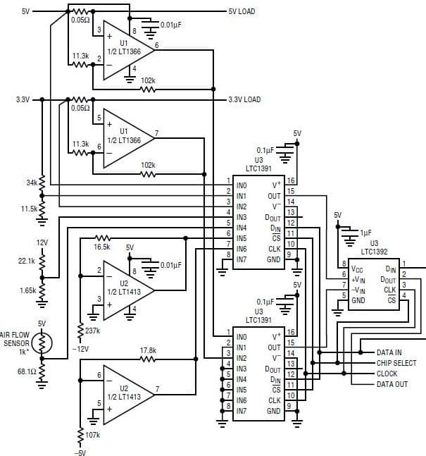 LTC1392 Monitors System Temperature and Multiple Supply Voltages and Currents