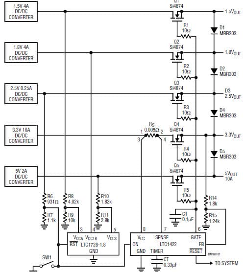 LTC1728-1.8, Multiple Power Supplies Track During Power Up