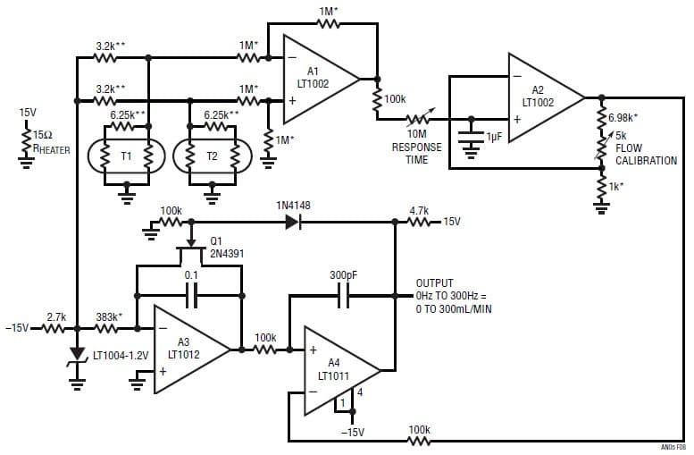 Circuit shows Liquid Flowmeter using LT1002 amplifier