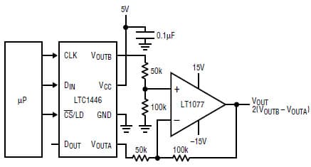 Using an LTC1446 and an LT1077 to make a Wide Bipolar Output Swing 12-Bit DAC With a Digitally Programmable Offset