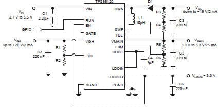 Complete TFT-LCD Power Supply from 1 Cell Li-Ion Application Circuit