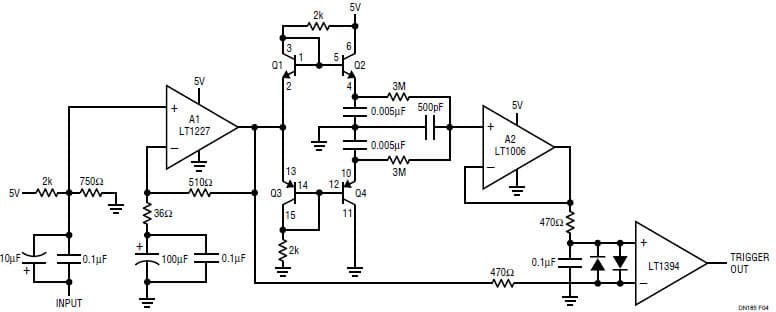 45MHz Single-Supply Adaptive Trigger Using LT1394, Ultrahigh speed, single supply comparator