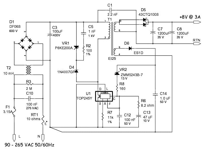 DER-100, 24W Primary side Regulated Flyback Power Supply using TOP245Y