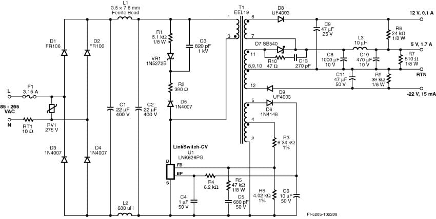 DER-198, 7W (10W peak) 3 Output Supply Using LNK626PG