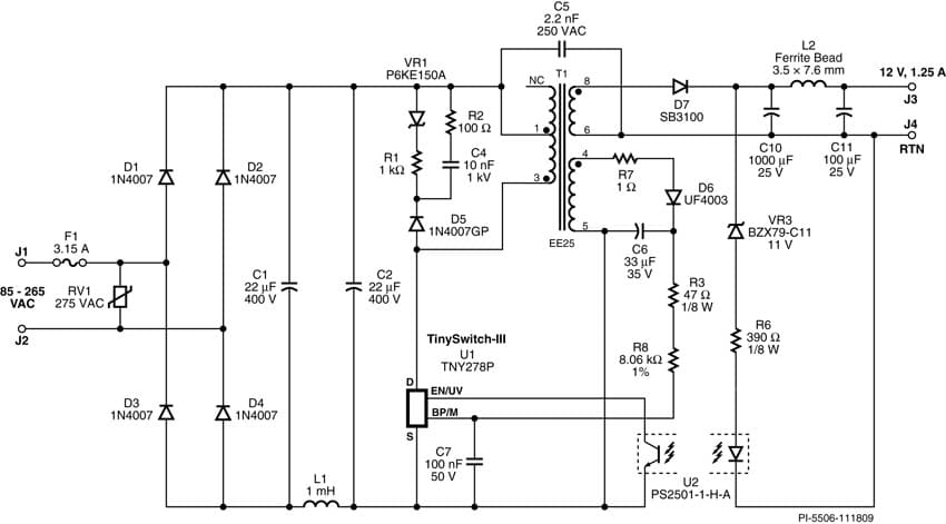 DER-228, 15W Power Supply with <30mW No-load Input Power Using TinySwitch-III (TNY278P)