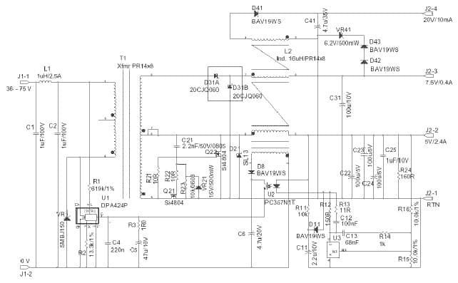 DER-24, 15W Multiple Output DC-DC Forward Converter with Synchronous Rectification using DPA424P