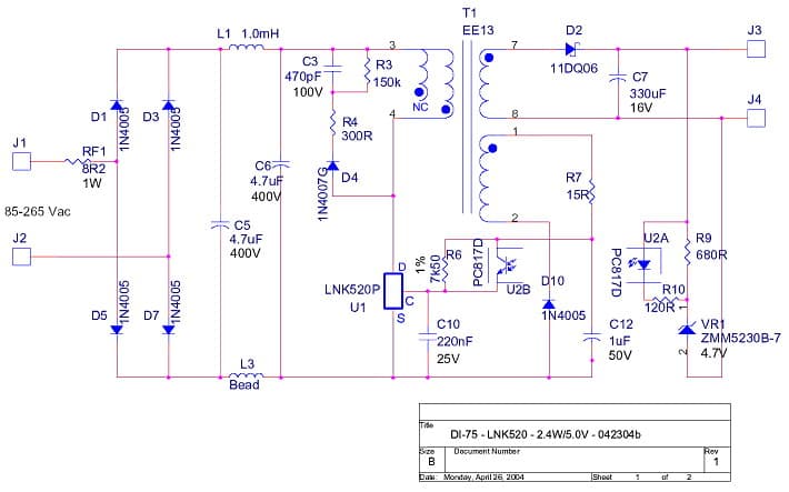 DER-38, 2.4W Power Supply Reference Design Using LNK520P