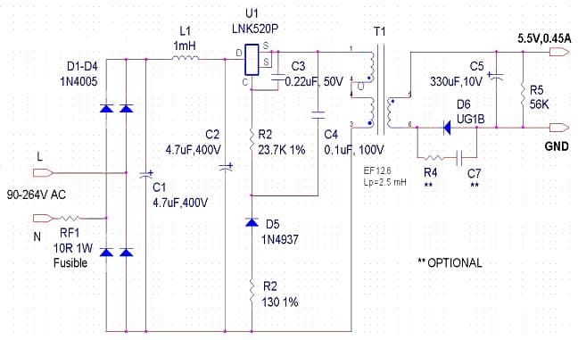 DER-39, 2.5W Adapter Reference Design Using LNK520P