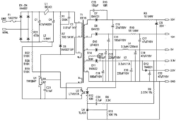 DER-46, 4.5W (6Wpk) Multiple Output DVB-T Power Supply using TNY264P