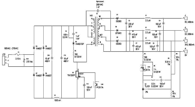 DER-55, 10.5W Multi Output Isolated Power Supply using TNY267P