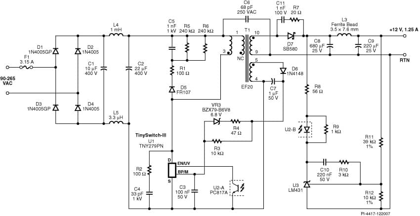 DI-117, TNY279PN, 15W, 12 V Adapter With <100 mW No-Load Consumption