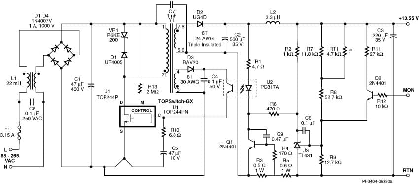 DI-12, TOP244PN, 16W, Universal Input, Lead Acid Battery Charger