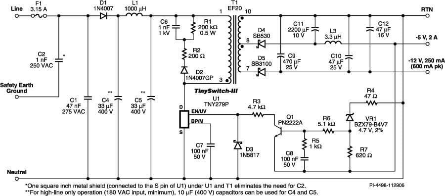 DI-122, TNY279P, 13W (17.2W Peak) Non-Isolated Power Supply for White Goods: <150 mW No-load Power Consumption