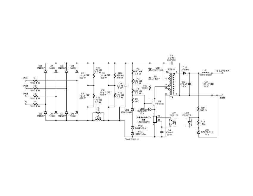 DI-124, LNK304PN, Ultra wide Input Range (57 580 VAC) Flyback Power Supply