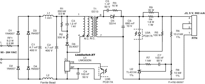 DI-135, LNK363DN, 2.75W, High Efficiency CV/CC Output USB Charger