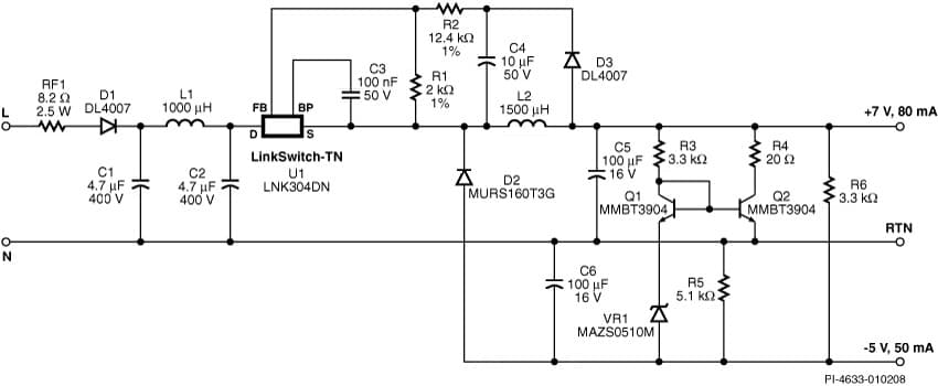 DI-138, LNK304DN, 1.2W, Non-Isolated Dual Output Supply for White Goods